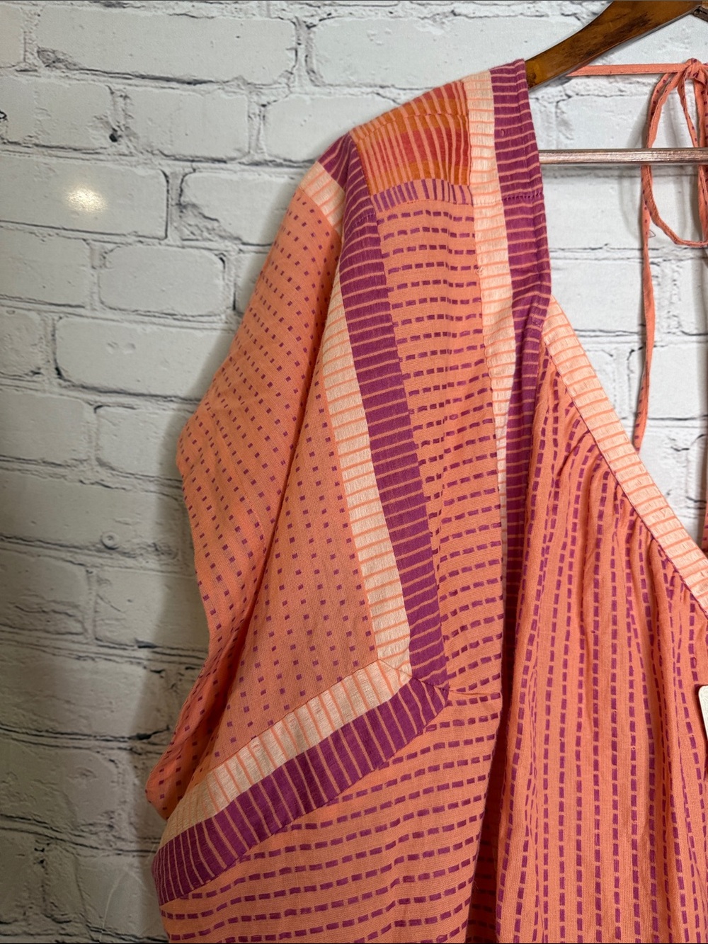 Free People Peach & Pink Striped V-Neck Over Sized Caftan Tunic Dress Size Large - Picture 3 of 12